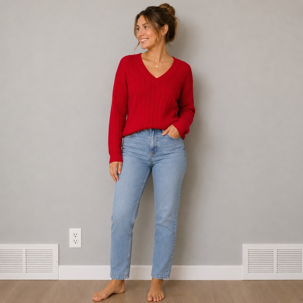 Express Tricot Vintage Red 100% Wool V-Neck Ribbed Knit Sweater Women's Small